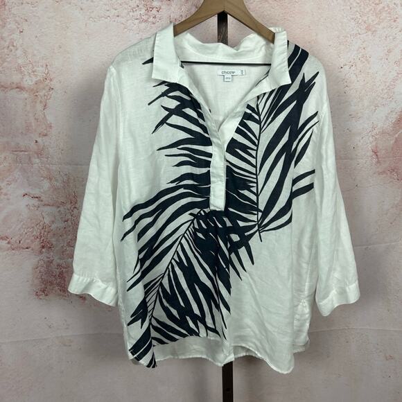 CHICO'S  artsy coastal 100% linen top size 3.5 XL white black resort palm leaf - Picture 1 of 5